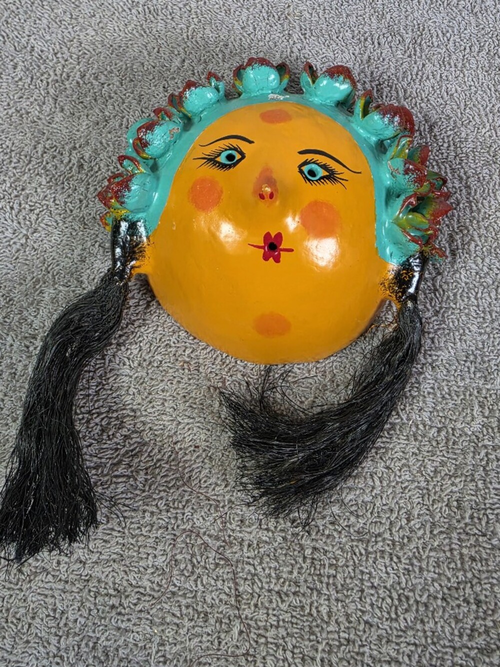 Handpainted Folk Art Coconut Shell Sun Face Wall Hanging - Turquoise & Orange